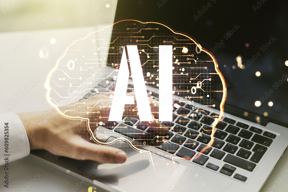 Poster double exposure of creative human brain microcircuit with hand typing on computer keyboard on backgr