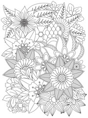 Vector doodle flowers in black and white. Floral pattern. For adult and kids.