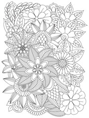 Vector doodle flowers in black and white. Floral pattern. For adult and kids. Doodle floral drawing. 