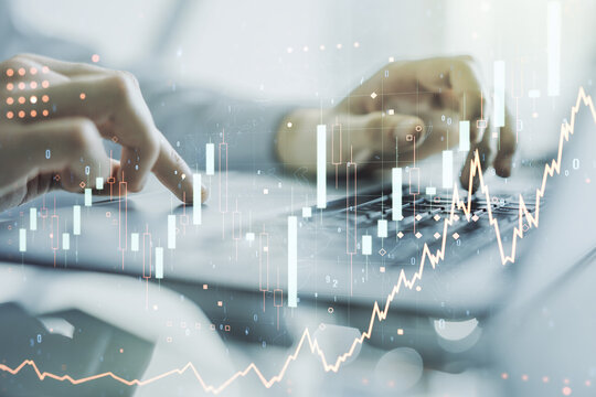 Double exposure of abstract creative financial diagram with hand typing on computer keyboard on background, banking and accounting concept - Powered by Adobe
