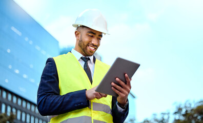 Research, tablet and a man construction worker in a city for planning, building or architectural...