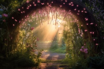 A mystical portal surrounded by blooming flower arches leading to an enchanting secret garden. Generative AI