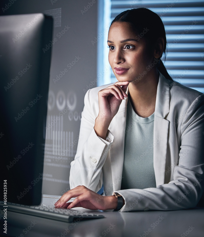 Aufkleber Data, overlay and computer with business woman in office for research, software and programmer. Digital, analytics and future with hologram and employee for network, coding and information technology