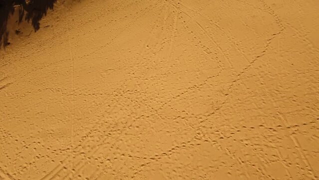 Golden yellow sand dunes with many walk footsteps in many directions, aerial
