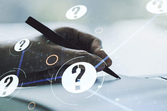 Creative concept of question mark illustration and man hand writing in notebook on background. FAQ and search concept. Multiexposure