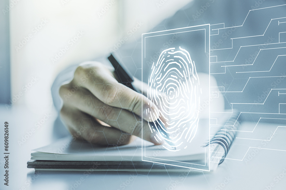 Aufkleber Double exposure of abstract creative fingerprint hologram with man hand writing in notebook on background, research and development concept