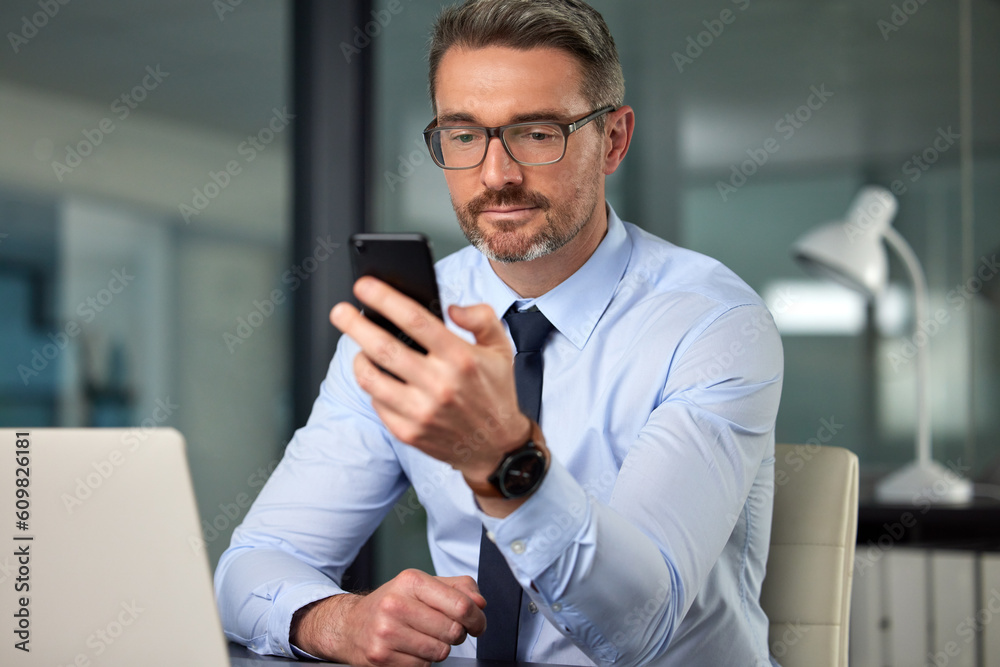 Poster business man, phone and boss at a office with networking online at a company. reading, scrolling and