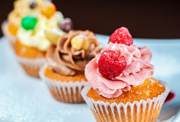 A luscious, freshly-baked cupcake with an abundance of berries and sweet icing, tempting all who see it.