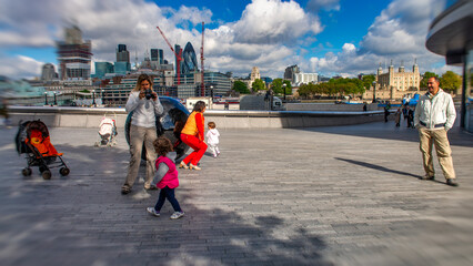 A happy family along London streets