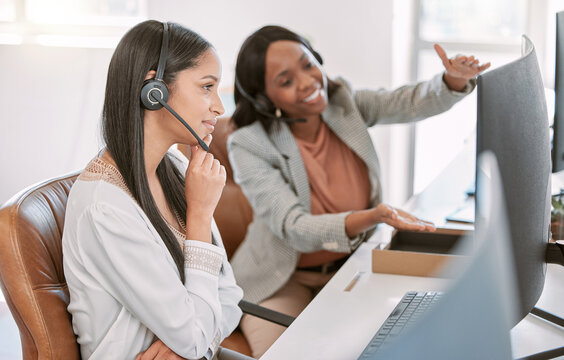 Call center, training and women at computer with manager in discussion at help desk with advice from team leader. Learning, planning and black woman mentor coaching staff in customer service agency.