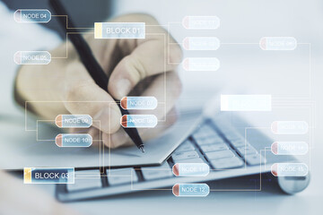 Double exposure of abstract programming language with hand writing in notebook on background with laptop, research and development concept