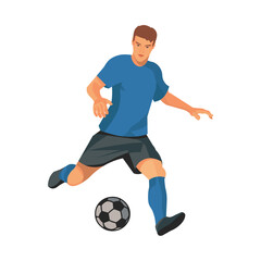 Vector isolated figure of a football player in blue uniform running and dribbling at the championship