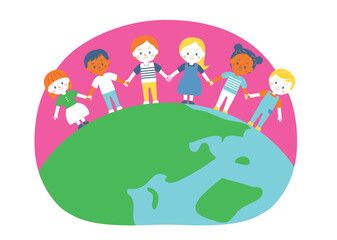 Obraz premium 地球の上で手をつなぐ子どもたち SDGs10 人や国の不平等をなくそう.