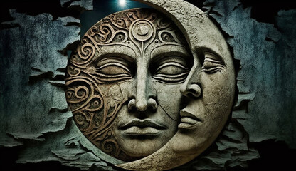 Fototapeta na wymiar Ancient moon face art, Generative AI