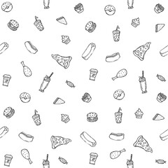 Seamless fast food pattern. fast food background. Doodle fastfood icons. Drawn food pattern
