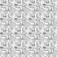 Seamless fast food pattern. fast food background. Doodle fastfood icons. Drawn food pattern