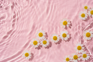 Chamomile flowers are floating, stains from a drop on the water