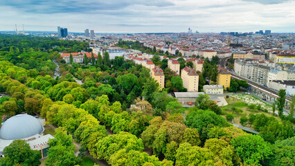 Fototapeta na wymiar Aerial view of Prater amusement park and Vienna cityscape, Austria