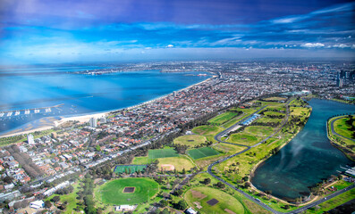 Melbourne coastline and park from helicopter, Australia