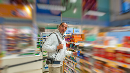 A happy man choosing pharmaceuticals