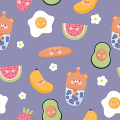 Seamless repeating pattern with purple background with egg, banana, watermelon, bubble tea.