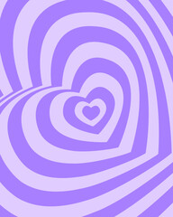 Poster with purple repeating rotating hearts in trendy retro 2000s design. Groovy psychedelic pattern in girly y2k style. Cute flat vector illustration in pastel colors.
