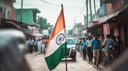 Indian national flag on background of city or provincial street with crowd of people, on day of holiday Indian Independence Day Generative AI