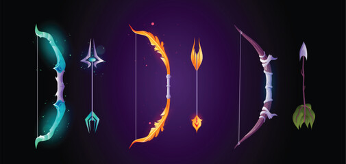 Magic bow with arrow weapon 3d fantasy game gui icon vector isolated design. Cartoon medieval war clipart with wooden and metal decoration for archer magical fairytale shop. Ui interface equipment