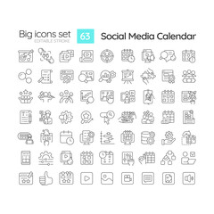 Social media calendar linear icons set. Marketing activity. Community management. Digital content. Schedule plan. Customizable thin line symbols. Isolated vector outline illustrations. Editable stroke