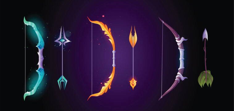 Magic bow with arrow weapon 3d fantasy game gui icon vector isolated design. Cartoon medieval war clipart with wooden and metal decoration for archer magical fairytale shop. Ui interface equipment