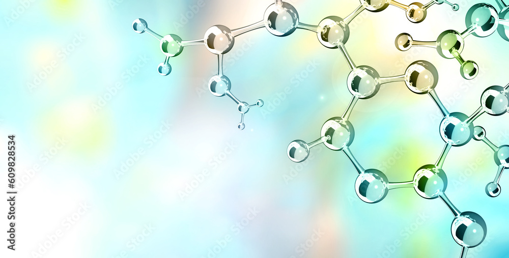 Wall mural horizontal banner with model of abstract molecular structure. background of blue color with glass at