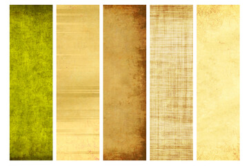 Set of vertical or horizontal banners with old paper texture and retro patterns with strips. Vintage backgrounds with grunge paper materia