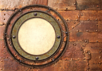Obraz na płótnie Canvas Horizontal background metallic round frame with vintage machine gears and retro cogwheel. Copy space for text. Can be used for steampunk and mechanical design