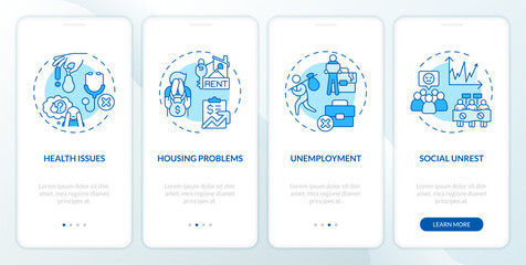 Cost of living crisis effect blue onboarding mobile app screen. Walkthrough 4 steps editable graphic instructions with linear concepts. UI, UX, GUI template. Myriad Pro-Bold, Regular fonts used