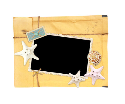 Vintage element for scrapbooking. Old photo, starfish, cockshell and retro envelope. Object isolated on white background.  Copy space for text. Happy memories of vacation and holidays