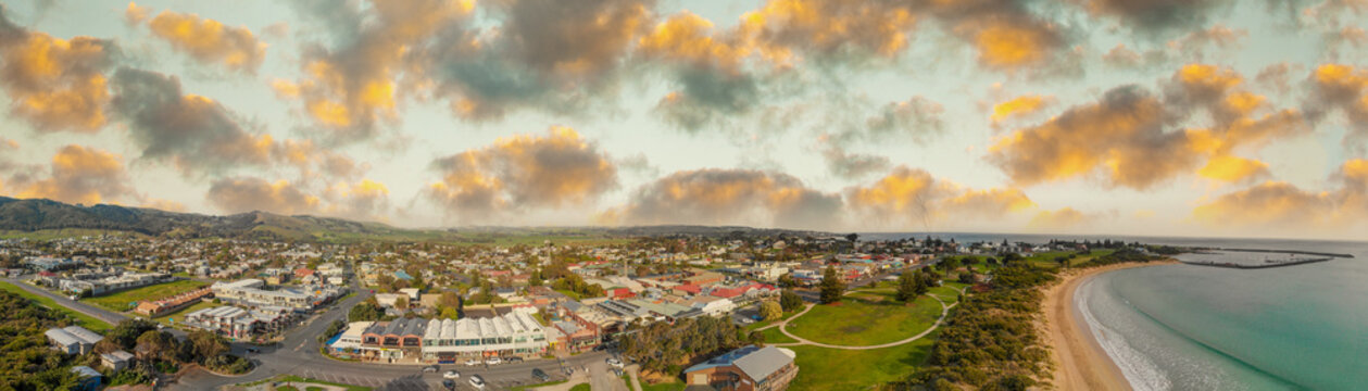 Aerial view of Apollo Bay at sunset, Australia from drone, The Great Ocean Road