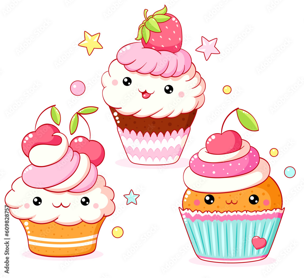 Wall mural Set of cute sweet desserts in kawaii style with smiling face and pink cheeks. Cake, muffin and cupcake with whipped cream, cherry and strawberry. Vector illustration EPS8