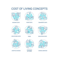 Cost of living turquoise concept icons set. Money expense. Basic need. Financial sustainability. Personal economy. Well being idea thin line color illustrations. Isolated symbols. Editable stroke