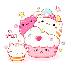 Cute cat-shaped dessert in kawaii style. Cake, muffin and cupcake with whipped cream and berry. Inscription So sweet. Can be used for t-shirt print, sticker, greeting card. Vector illustration EPS8