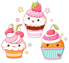 Set of cute sweet desserts in kawaii style with smiling face and pink cheeks. Cake, muffin and cupcake with whipped cream, cherry and strawberry. Vector illustration EPS8