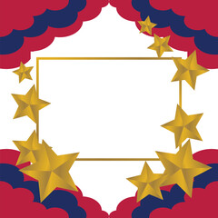 holiday concept poster template, with golden star ornament. White frame on a geometric background. Design for greeting cards, social media and web. Elegant vector illustration