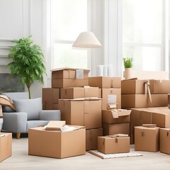 Packaging boxes on the wooden table in a living room