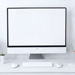 Computer screen on white desk with a decoration