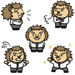 ライオンを擬人化した会社員の表情セット