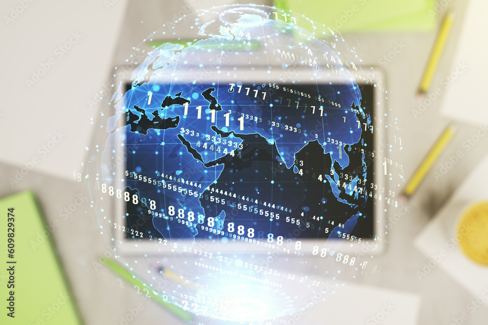 Poster multi exposure of abstract programming language hologram with world map and modern digital tablet on