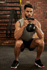 Fototapeta na wymiar Bodybuilder, fitness and man with kettle bell in gym for exercise, strength training and workout. Sports, challenge and serious male person squat with weights for wellness, healthy body and muscles