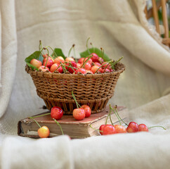 Ripe sweet cherries in a wicker basket. The basket stands on the book against the background of linen fabric. Beautiful summer scene.Side view