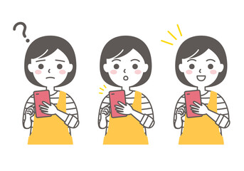 スマホを操作する主婦の表情セット