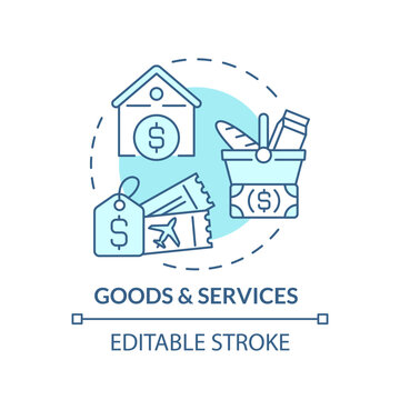 Goods and services turquoise concept icon. Basic need. Standard of living. Family finance. Price index. Household budget abstract idea thin line illustration. Isolated outline drawing. Editable stroke