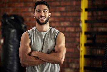 Gym, smile and portrait of man with arms crossed, fitness and happiness in mockup space. Exercise, workout and happy face of bodybuilder, personal trainer or sports club owner for health, training. - obrazy, fototapety, plakaty